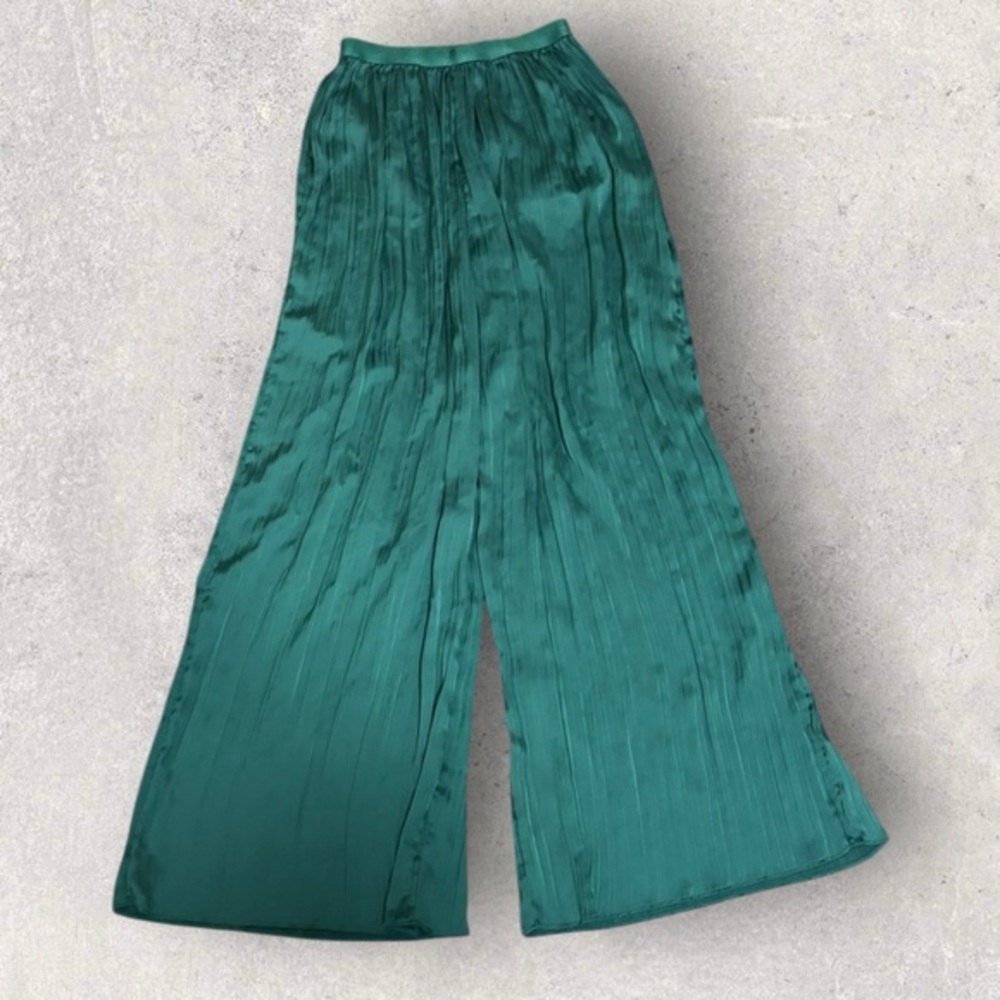 MNG mango green satin pleated wide leg pants